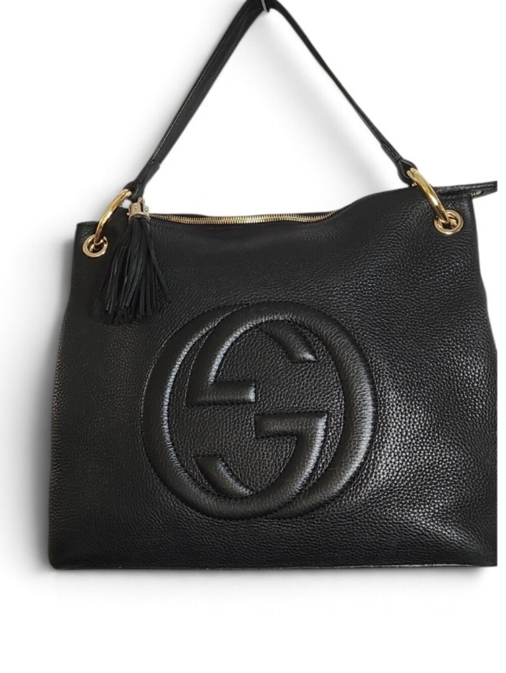 GUCCI Black Soho Convertible Bag With Tassel Zipper Interlocking GG, Gold HW